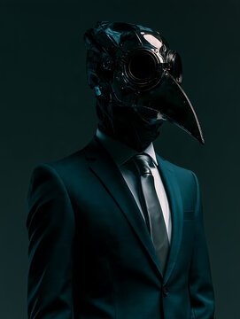 A dark teal suit and a silver tie, the head is covered by a dark metallic plague doctor mask