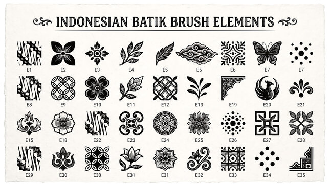 Set of Monochrome Ornamental Decorative Elements Inspired by Traditional Indonesian Batik Patterns and Ethnic Motifs