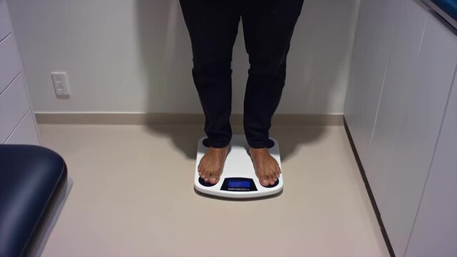 Patient standing top-down on digital scale in medical room, supporting weight monitoring, obesity screening, metabolic health, preventive care, clinical assessment, and checkup consultation media.