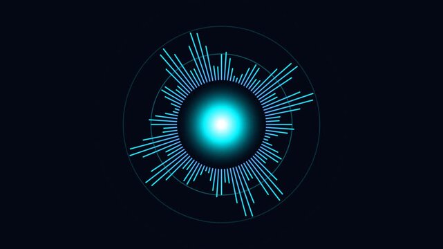 Futuristic Circular Audio Equalizer Spectrum Display with Glowing Central Core on Dark Background