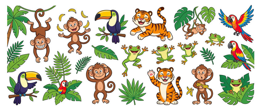 Cute Jungle Animals Cartoon Collection Isolated