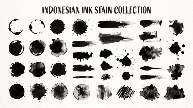 Black watercolor ink stains and brush strokes collection on white paper background