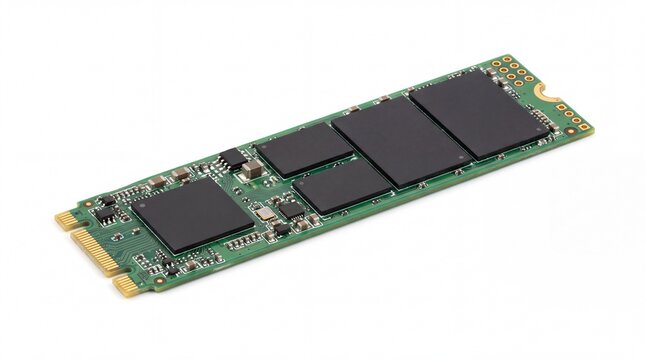 Close up of a Solid State Drive SSD M2 NVMe storage device on a white background