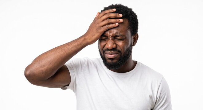 A distressed African American man holding his head in pain, suffering from a severe headache, migraine, or concussion symptoms