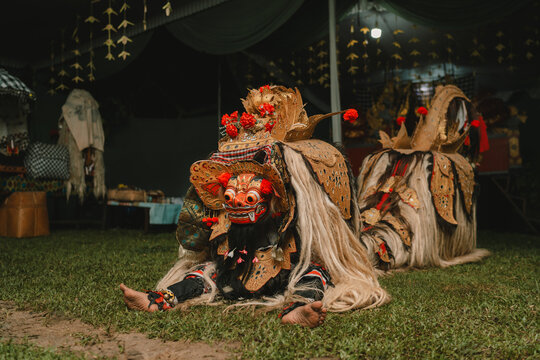Barong dance performers in traditional Balinese ornate costumes, Indonesian cultural heritage, ritual folklore tradition