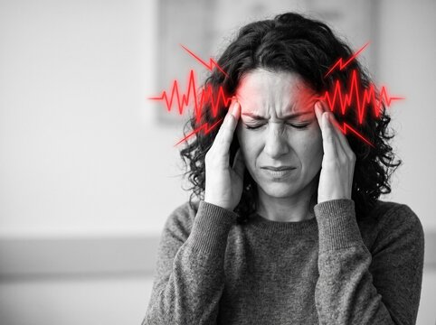 portrait of a stressed woman suffering from severe migraine, concussion, and head trauma symptoms highlighted by red throbbing pain graphics.