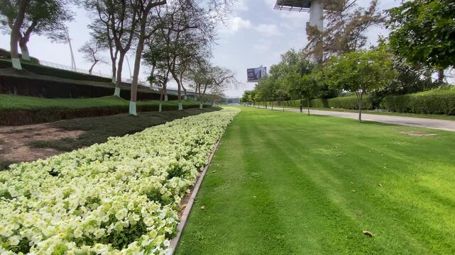 Landscaped parkway alongside Dubai Creek, offering lush greenery and scenic urban waterfront views in Deira.