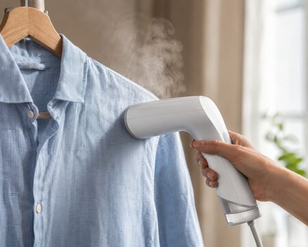 Handheld garment steamer removing wrinkles from a light blue linen shirt on a wooden hanger in a bright modern home. Fresh clothing care, steam ironing, and everyday household convenience concept.