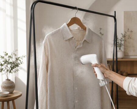 Modern handheld garment steamer refreshing a beige linen shirt on a clothing rack with visible steam. Minimalist home interior showcasing effortless wrinkle removal and fabric care.