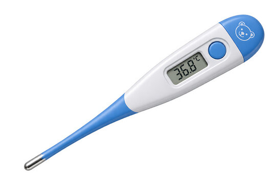 Digital clinical thermometer with blue and white casing displaying body temperature isolated on white background medical thermometer fever check medical device health. transparent background