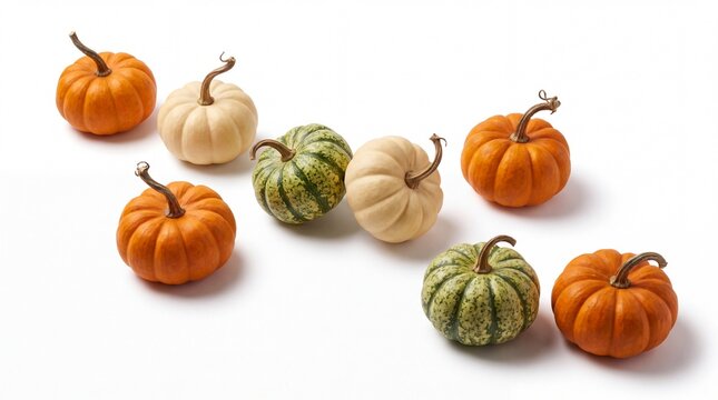Miniature decorative pumpkins in orange, white and green. Assorted small gourds for autumn harvest decor. Organic fall squash collection. isolated PNG with Transparent Background