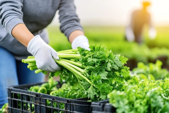 Hands in gloves harvesting bunches of fresh leafy herbs into a crate in a sunny farm field.