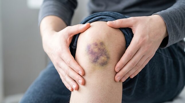 Person holding knee with a large bruise or contusion