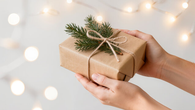 Adult hands hold a kraft paper Christmas gift tied with twine and evergreen sprigs against a soft white background with warm festive lights.