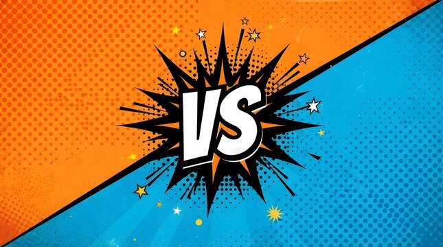 Versus comic book style burst graphic featuring bold white letters against a vibrant split orange and blue halftone patterned background