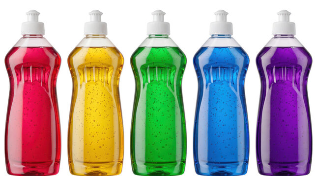 Row of Colorful Dish Soap Bottles in Red Yellow Green Blue and Purple
