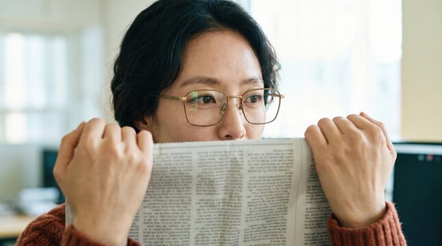 Generative AI, Asian woman reading a newspaper with a curious expression in an office