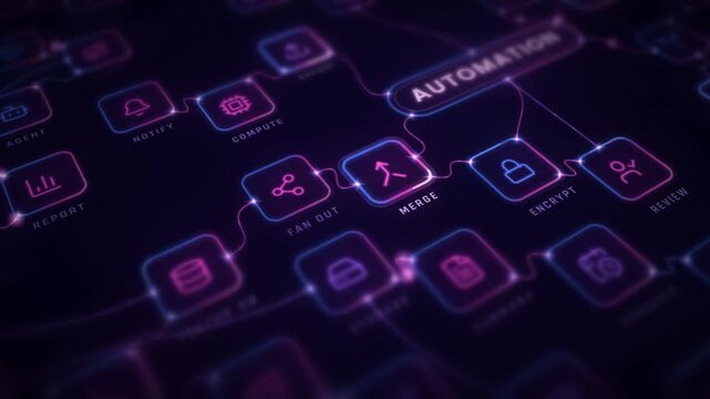 AI agent workflow automation node network glowing in neon pink and purple with a slow camera drift