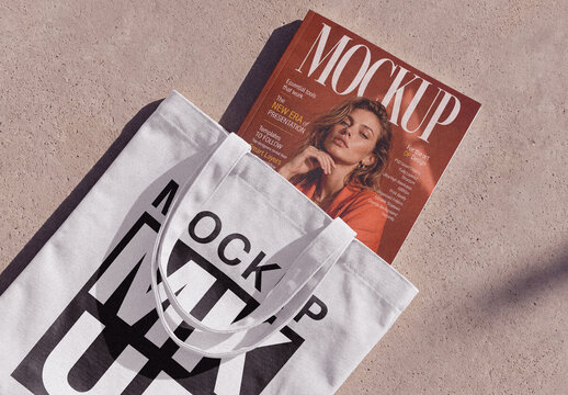 Tote Bag Magazine Flatlay Mockup