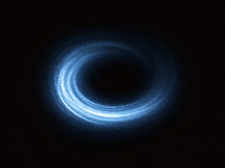 Obraz premium Top view of a circular winter snow vortex with swirling frosty light trails. Realistic snow storm and wind swirls creating a glowing blue spiral of ice particles on a dark black background.