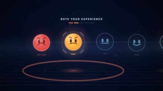 Customer satisfaction rating scale with emoji faces reaching a five star review on dark blue