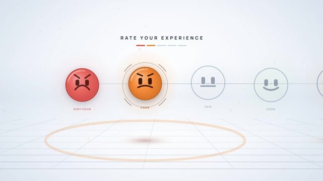Five star satisfaction rating with emoji feedback faces on a clean white background animation