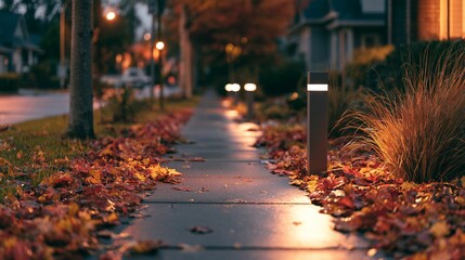 Obraz premium Modern bollard light glowing on sidewalk covered with fallen autumn leaves at dusk. Cozy residential street with warm evening illumination and blurred bokeh background.