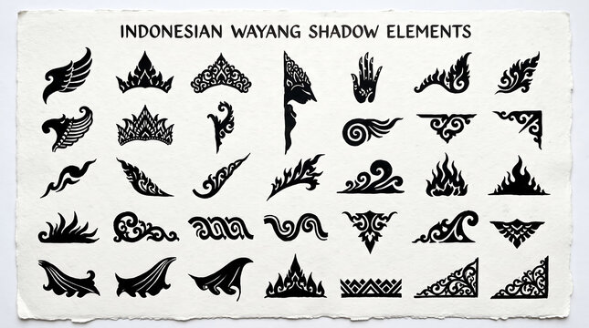 Set of traditional Indonesian shadow puppet silhouette elements, crowns, and decorative motifs