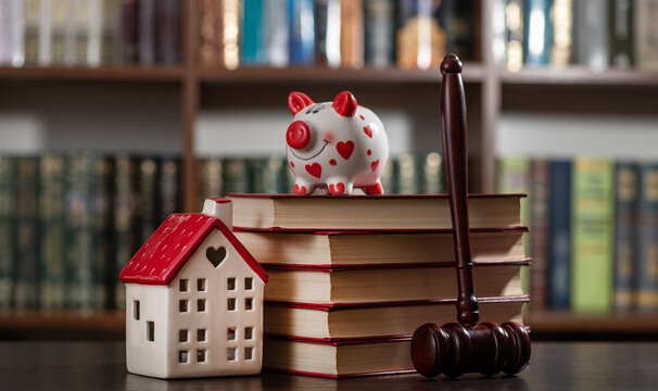 A judge's gavel and a symbolic house set against a backdrop of bookshelves.