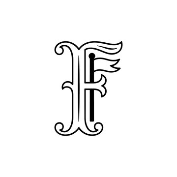 Detailed vintage heraldic letter F vector monogram featuring ornamental flourishes and a small medieval flag accent.