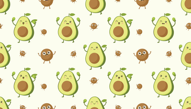 Delightful seamless pattern filled with cute avocado characters and playful round pits dancing on a warm white background.