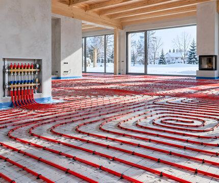 Red underfloor heating pipes installed in modern residential house interior during cold winter construction phase project