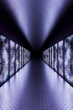 3D vertical data center corridor with violet light symmetry