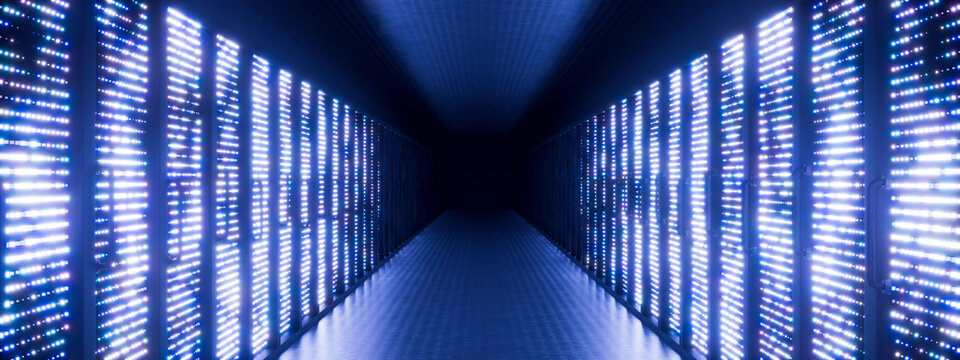 3D wide technology corridor with blue server light and panorama