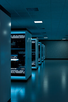 3D enterprise server room with blue rack row and copy space