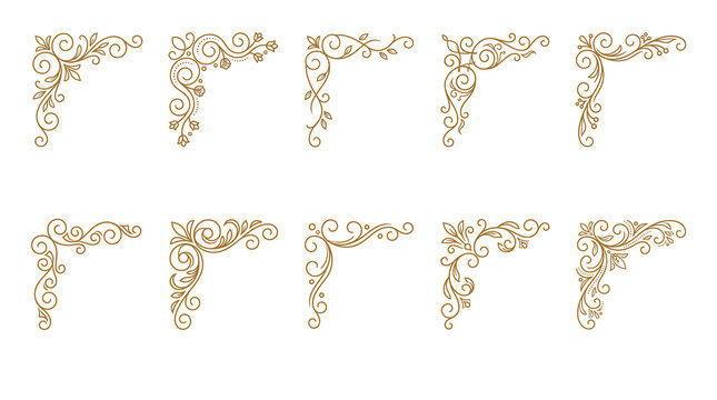 Set of ten vintage decorative corner ornaments with intricate floral and filigree scrollwork patterns for elegant design projects