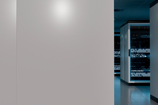 3D minimal data center wall with server rack and copy space