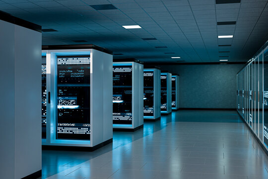 3D server infrastructure corridor with illuminated rack and wide perspective