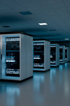 3D modern data center with server rack aisle and open floor