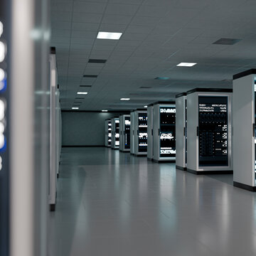 3D technology hallway with server cabinet row and clean background