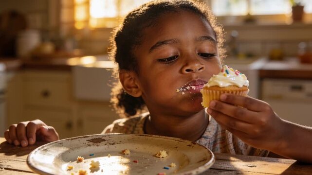 Leaning girl taking bites at wood table, wearing light top, adult offering cupcake, crumbs on plate