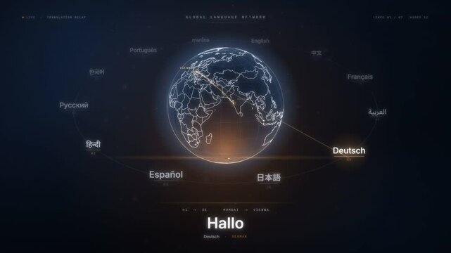 Global language network on a rotating wireframe globe with greetings in many world languages