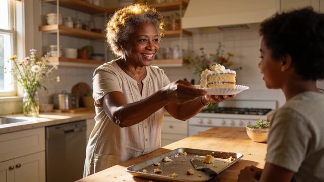 Smiling grandma in beige top presenting layered cake slice at wooden kitchen island for grandchild