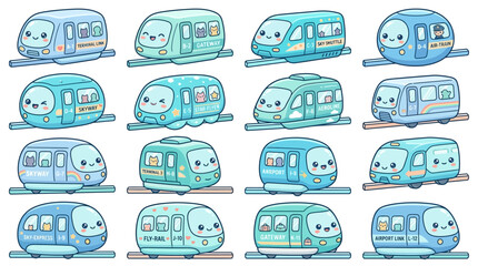 Obraz premium Cute Kawaii Trains Collection, Cartoon Transportation, Isolated