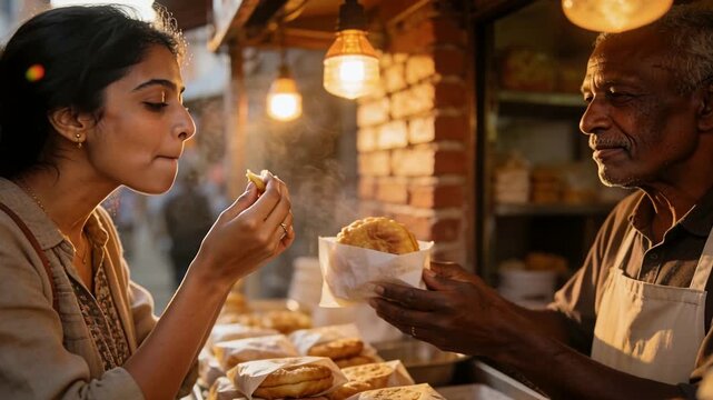 Smiling vendor wearing apron offering wrapped pastry, adult Indian woman tasting pastry at market