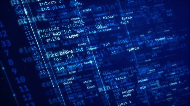 Programming code background with blue software source text scrolling across a tilted screen