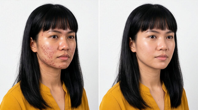 Before and after acne treatment, young Asian woman with clear skin