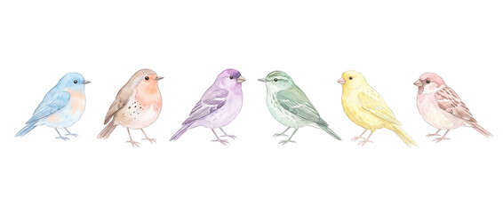 Fototapeta premium Watercolor birds set colorful songbirds isolated on black background horizontal row, pastel songbird clip art collection, delicate hand painted avian wildlife design element for spring banner art.