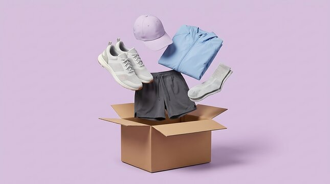 Cardboard box with various clothes and accessories flying out against a light purple background.