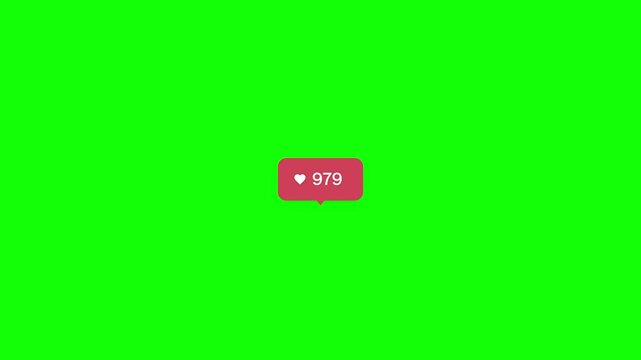 Social media like notification heart icon with counter badge on green screen background